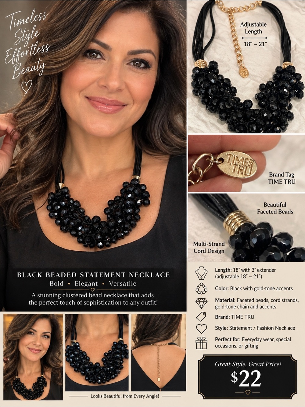Vintage TIME TRU Black Beaded Necklace